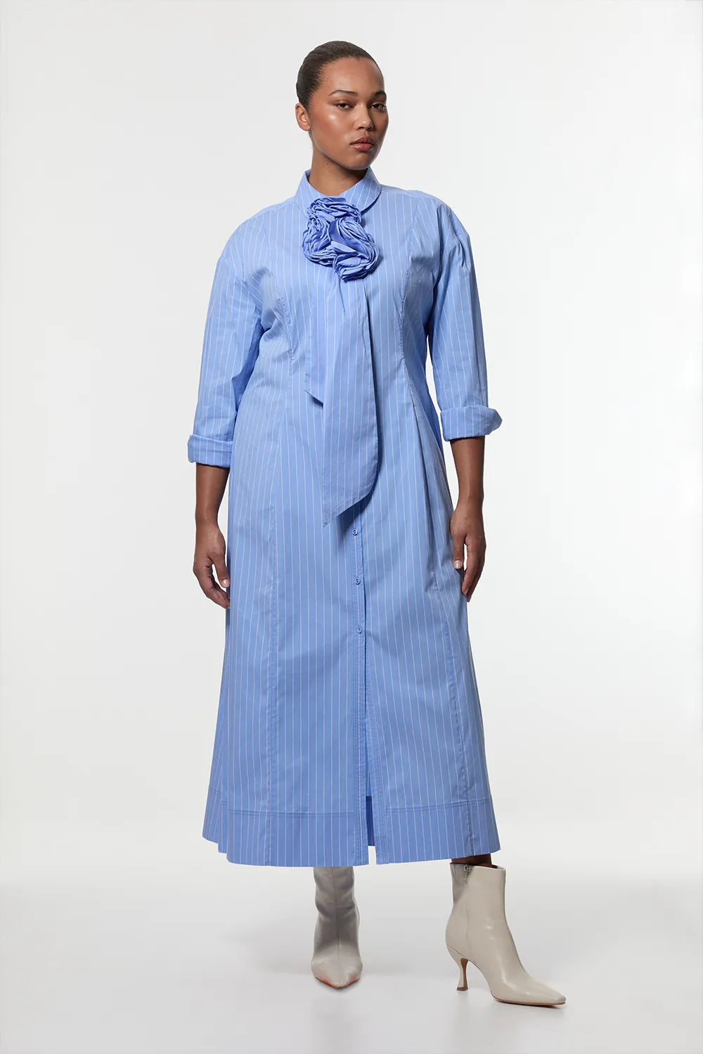 Plus Size Stripe Cotton Rosette Woven Shirt Maxi Dress BKK23565