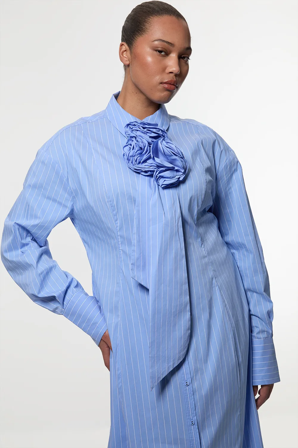 Plus Size Stripe Cotton Rosette Woven Shirt Maxi Dress BKK23565 3 Plus Size Stripe Cotton Rosette Woven Shirt Maxi Dress BKK23565