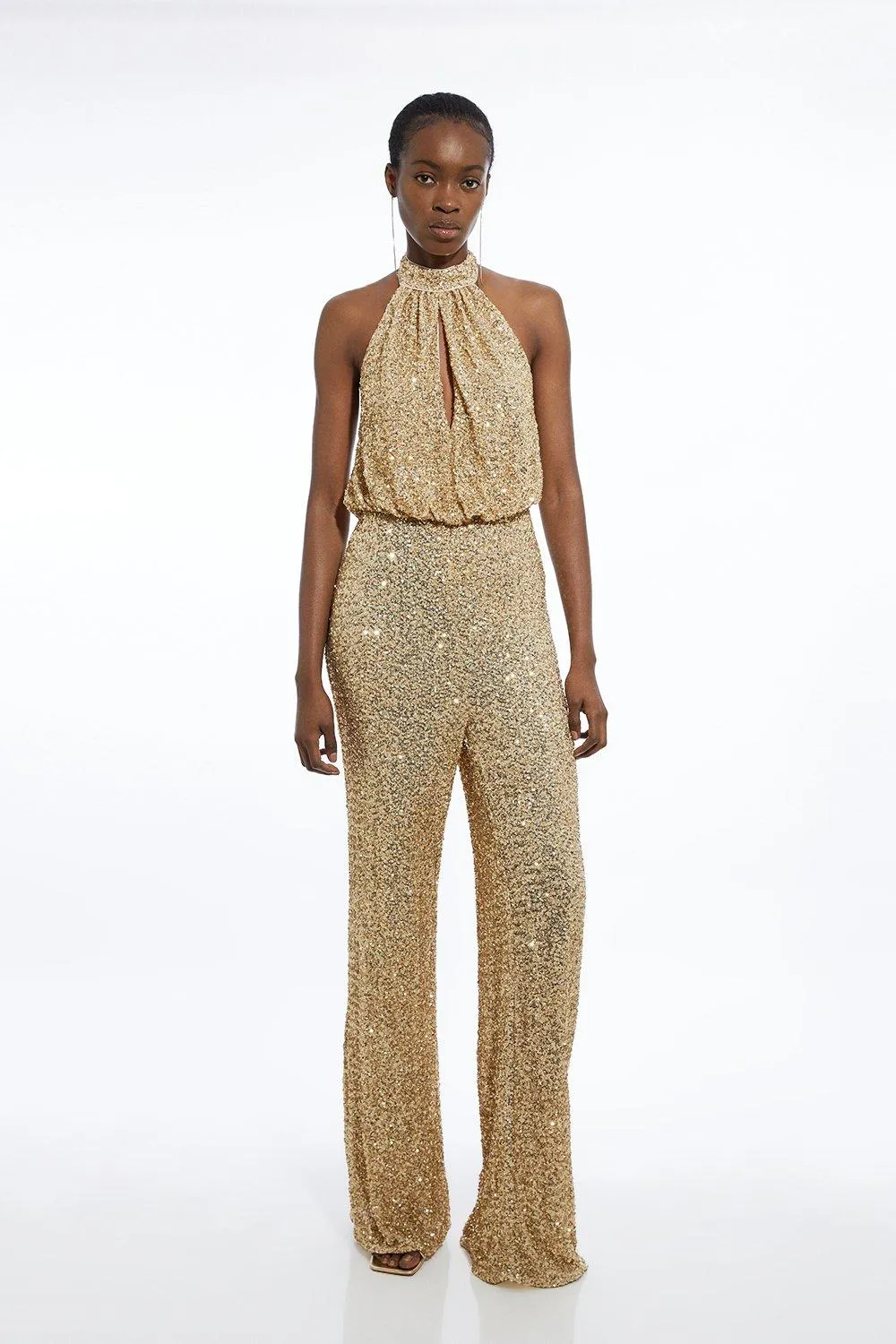 Tall Halter Jersey Stretch Sequin Wide Leg Jumpsuit BKK19199