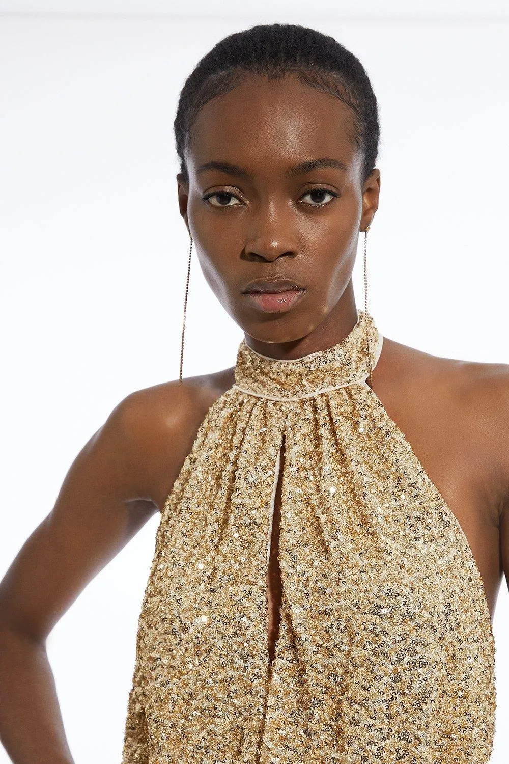 Tall Halter Jersey Stretch Sequin Wide Leg Jumpsuit BKK19199