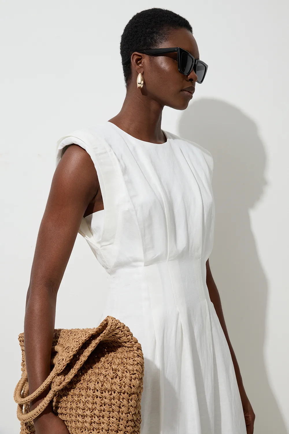 Petite Viscose Linen Woven Pintuck Midi Dress BKK23590