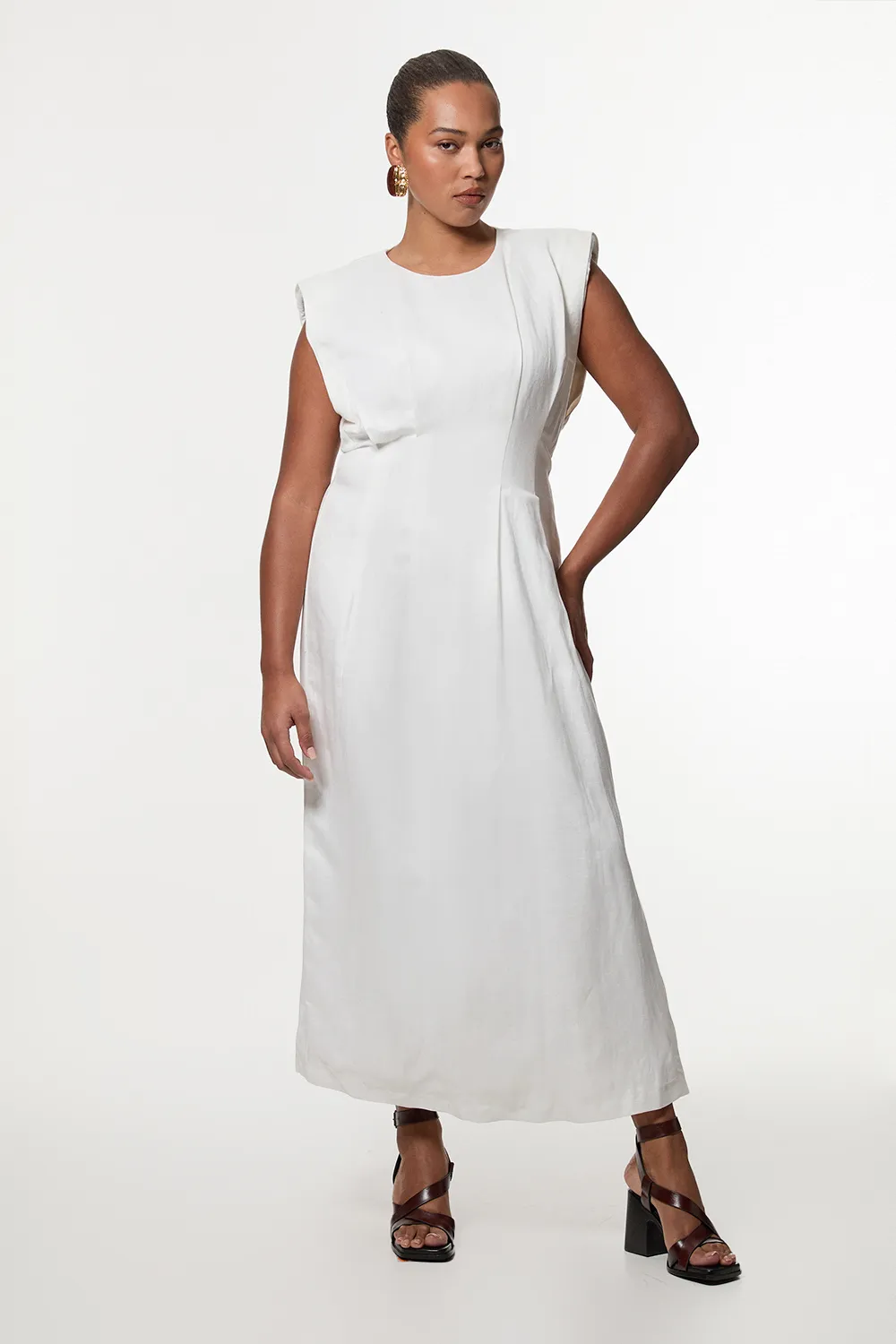 Plus Size Viscose Linen Woven Pintuck Midi Dress BKK23592
