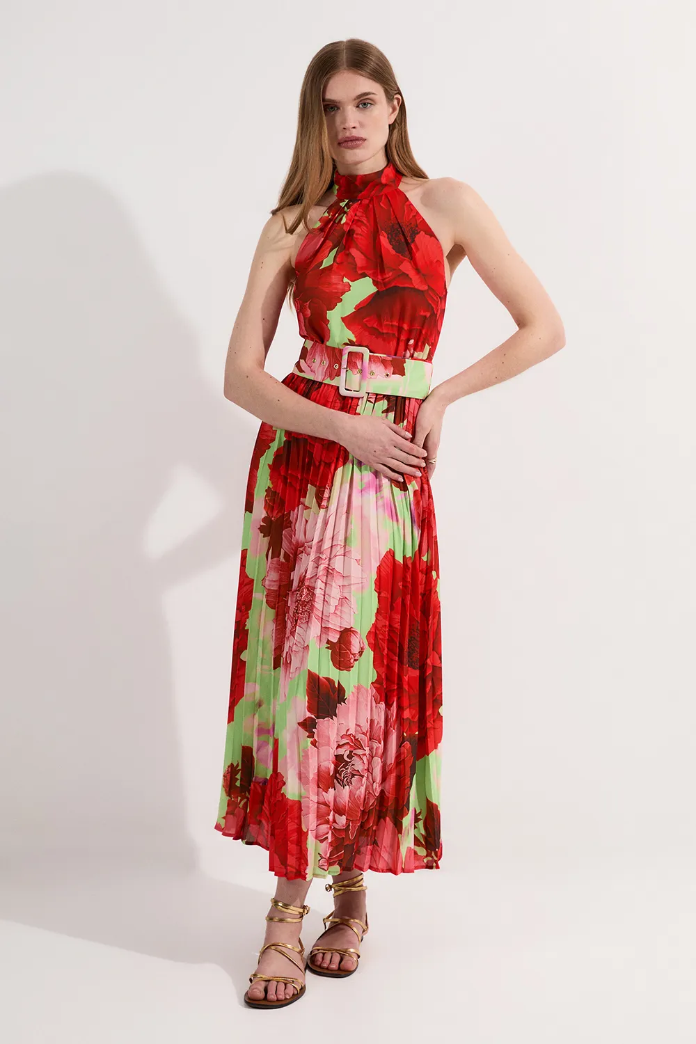 Floral Georgette Halter Neck Pleated Midi Dress BKK23601