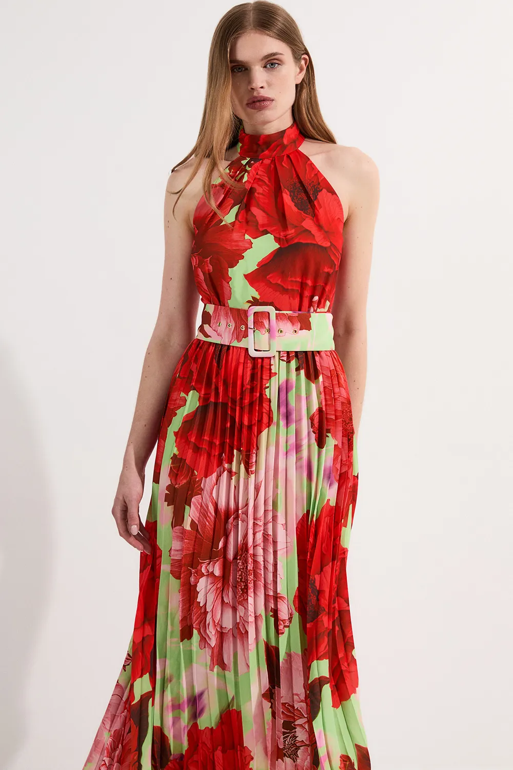 Floral Georgette Halter Neck Pleated Midi Dress BKK23601 3 Floral Georgette Halter Neck Pleated Midi Dress BKK23601