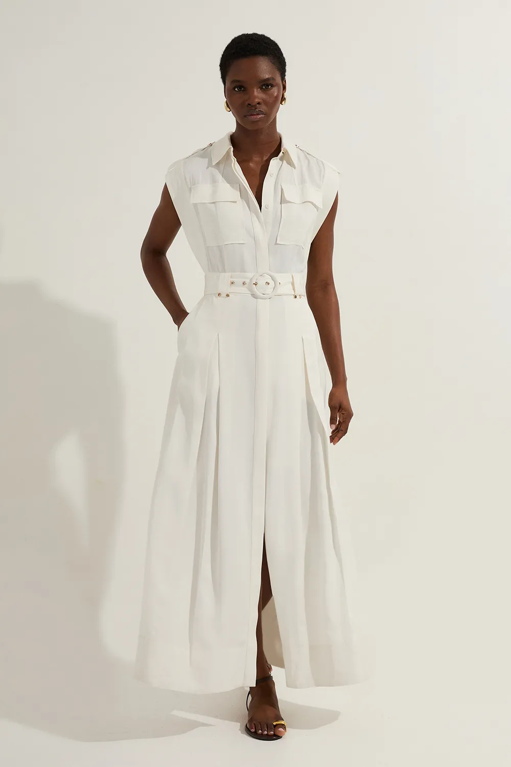 Petite Premium Viscose Linen Woven Sleeveless Shirt Dress With Belt BKK23609