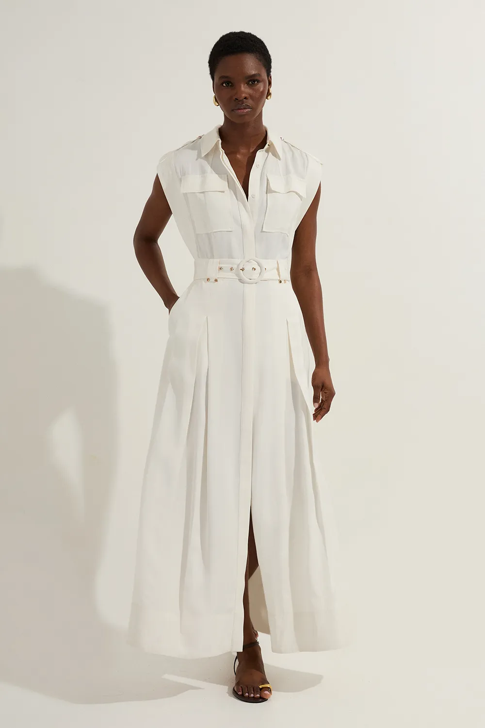 Premium Viscose Linen Woven Sleeveless Shirt Dress With Belt BKK23608