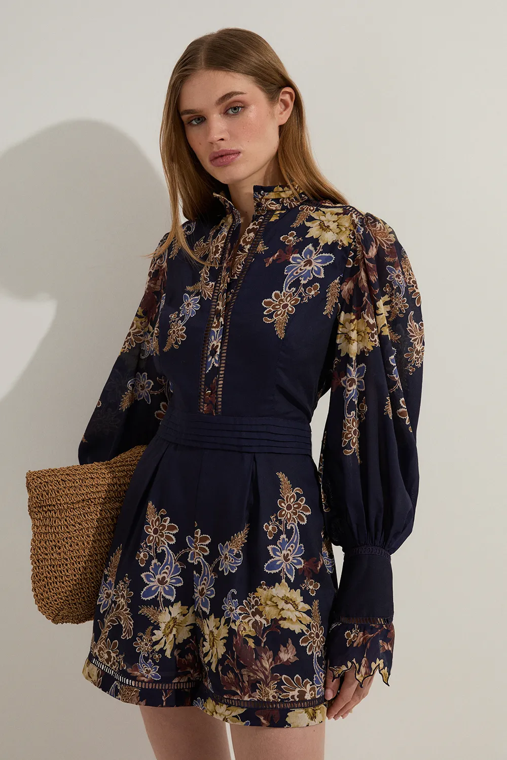 Voile Floral Border Print Woven Romper With Ladder Lace Trim BKK23693