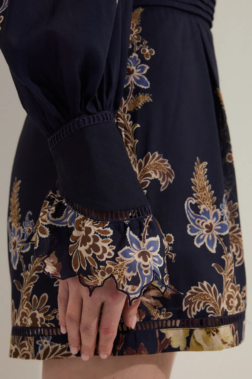 Voile Floral Border Print Woven Romper With Ladder Lace Trim BKK23693