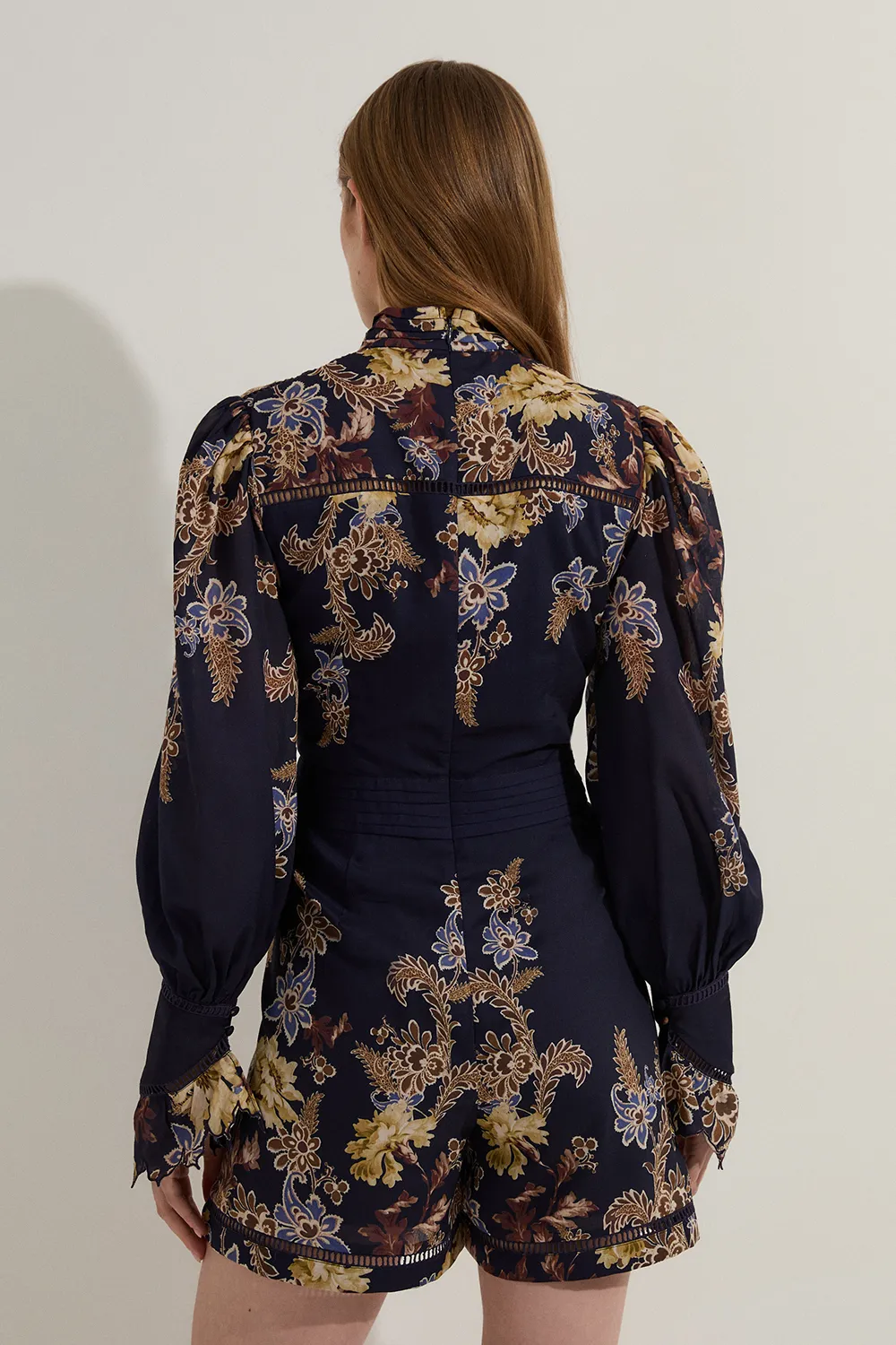 Voile Floral Border Print Woven Romper With Ladder Lace Trim BKK23693