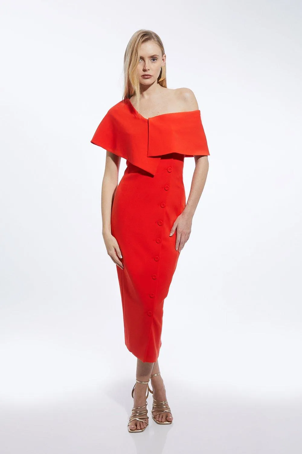 Tall Compact Stretch Off Shoulder Button Through Tailored Midaxi Pencil Dress BKK19233