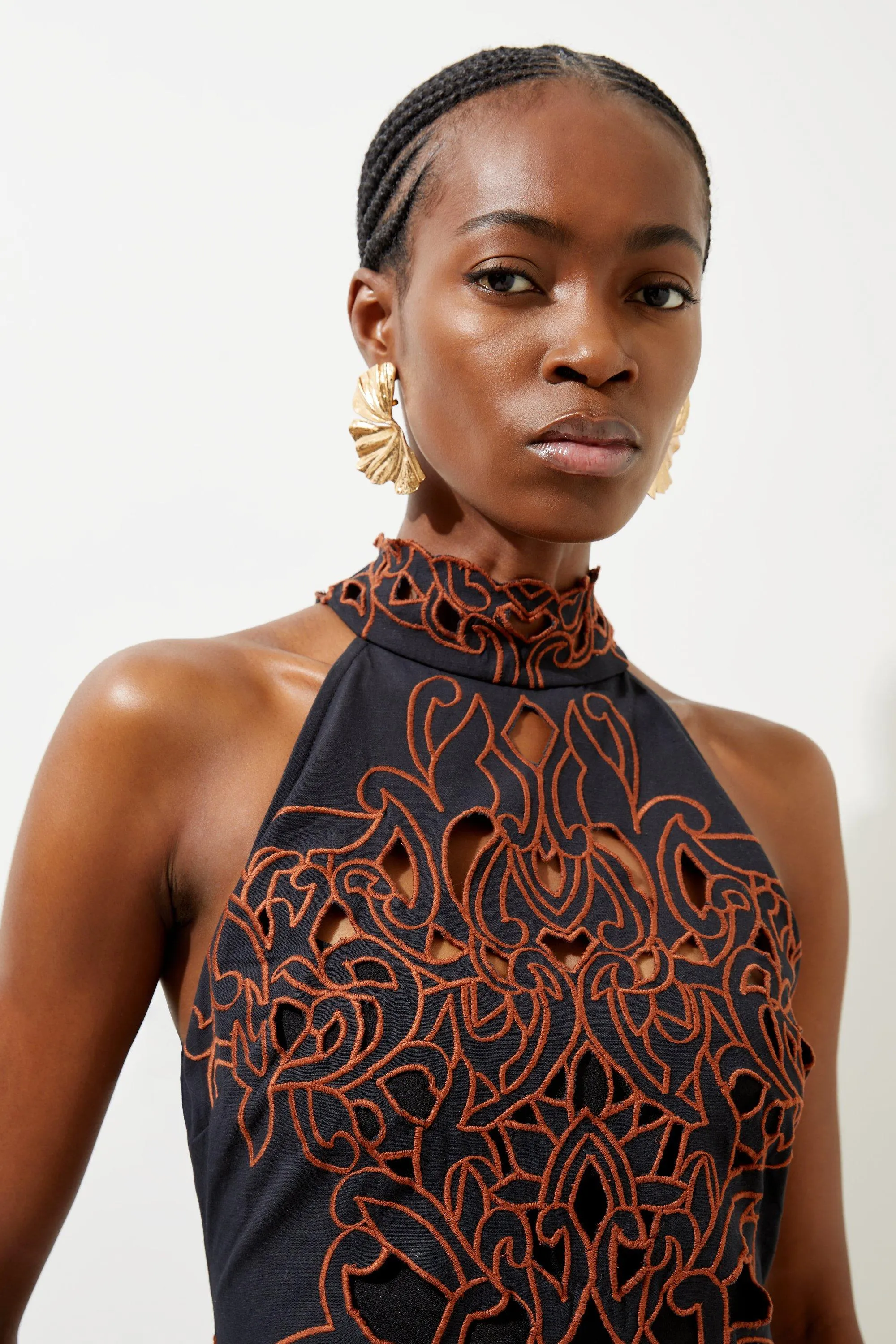 Cotton Cutwork Woven Halter Midi Dress BKK19339