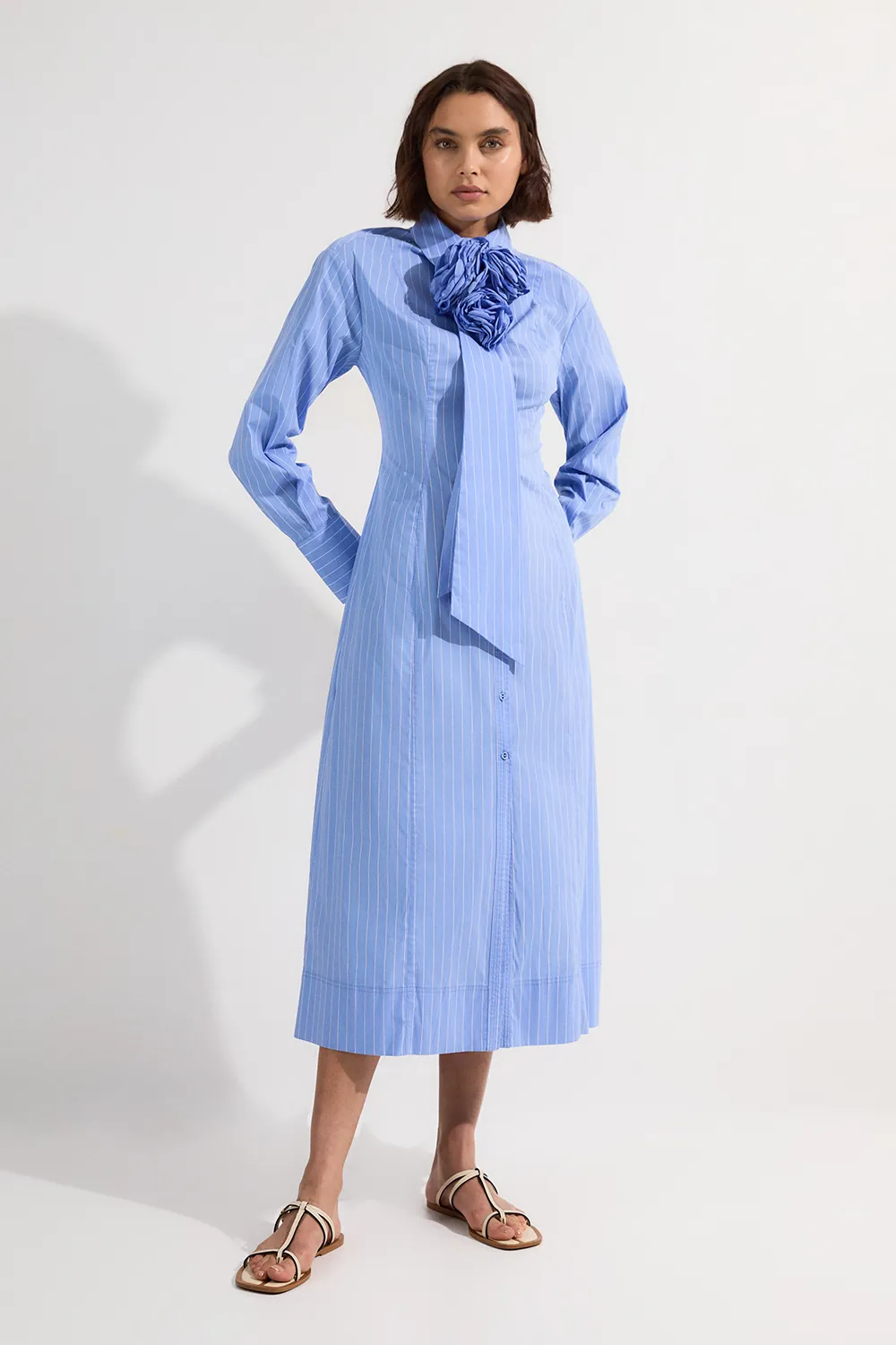 Stripe Cotton Rosette Woven Shirt Maxi Dress BKK23799