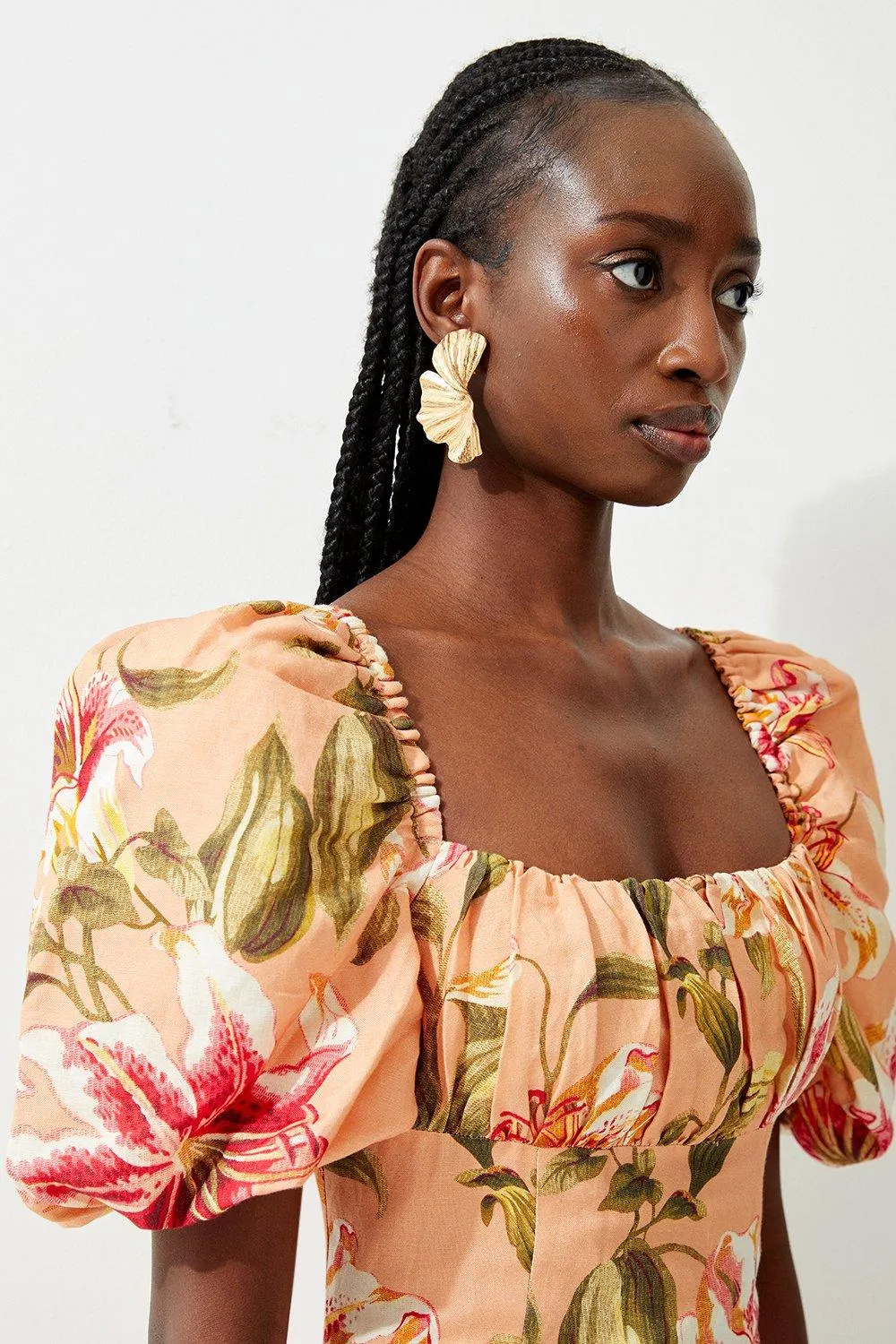 Petite Paisley Viscose Linen Woven Puff Sleeve Mini Dress BKK19414