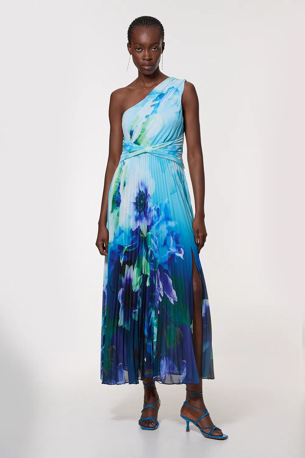 Ombre Floral Soft Pleated One Shoulder Maxi Dress BKK23845