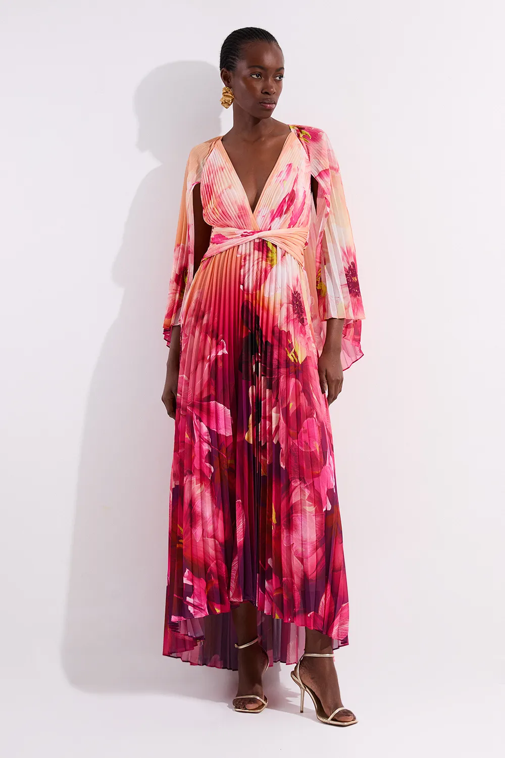 Ombre Floral Soft Pleated Woven Maxi With Cape Detail BKK23850