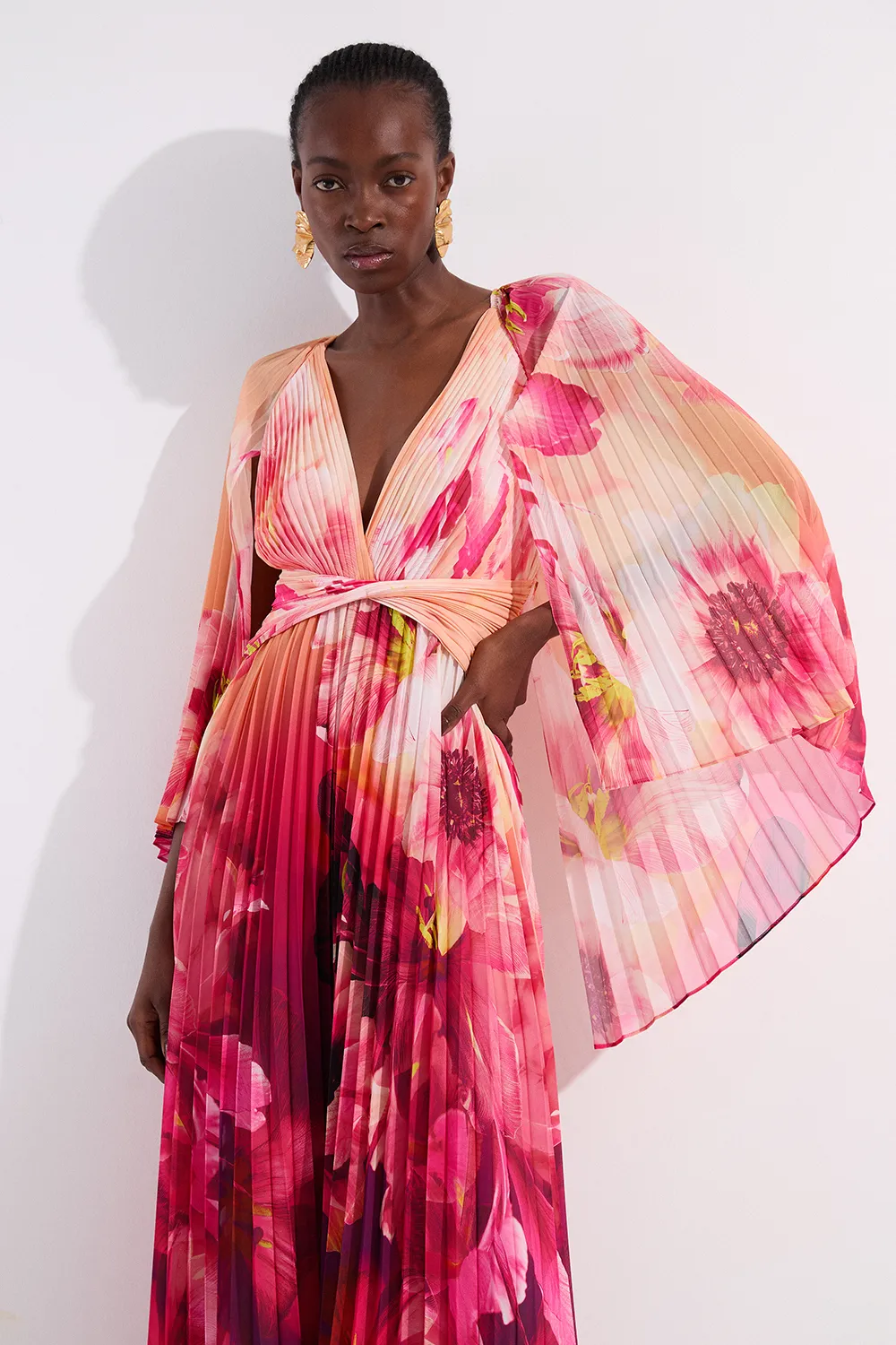 Ombre Floral Soft Pleated Woven Maxi With Cape Detail BKK23850