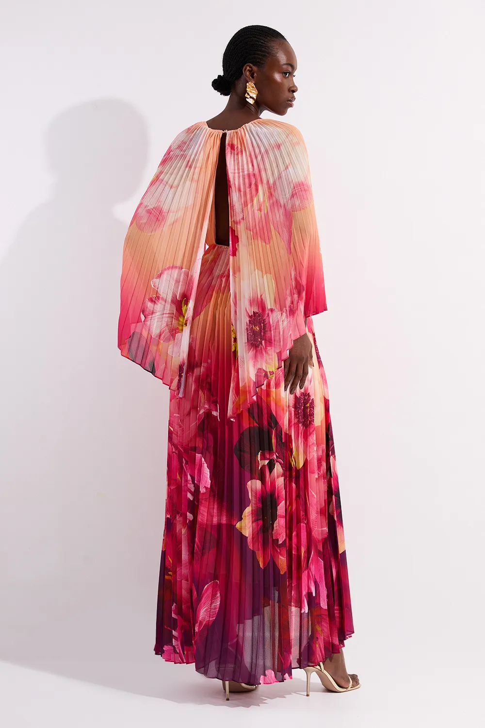 Ombre Floral Soft Pleated Woven Maxi With Cape Detail BKK23850 5 Ombre Floral Soft Pleated Woven Maxi With Cape Detail BKK23850