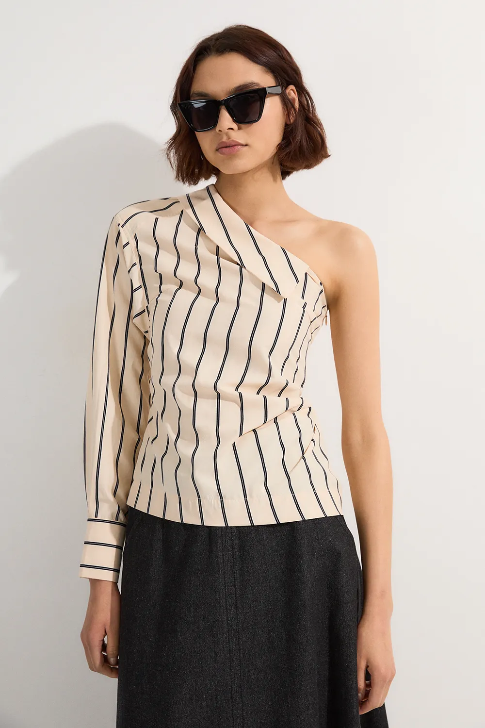Cotton Stripe Belted Woven One Shoulder Top BKK23853