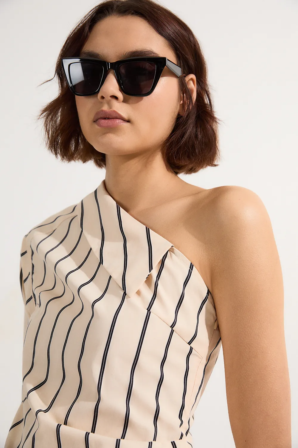 Cotton Stripe Belted Woven One Shoulder Top BKK23853