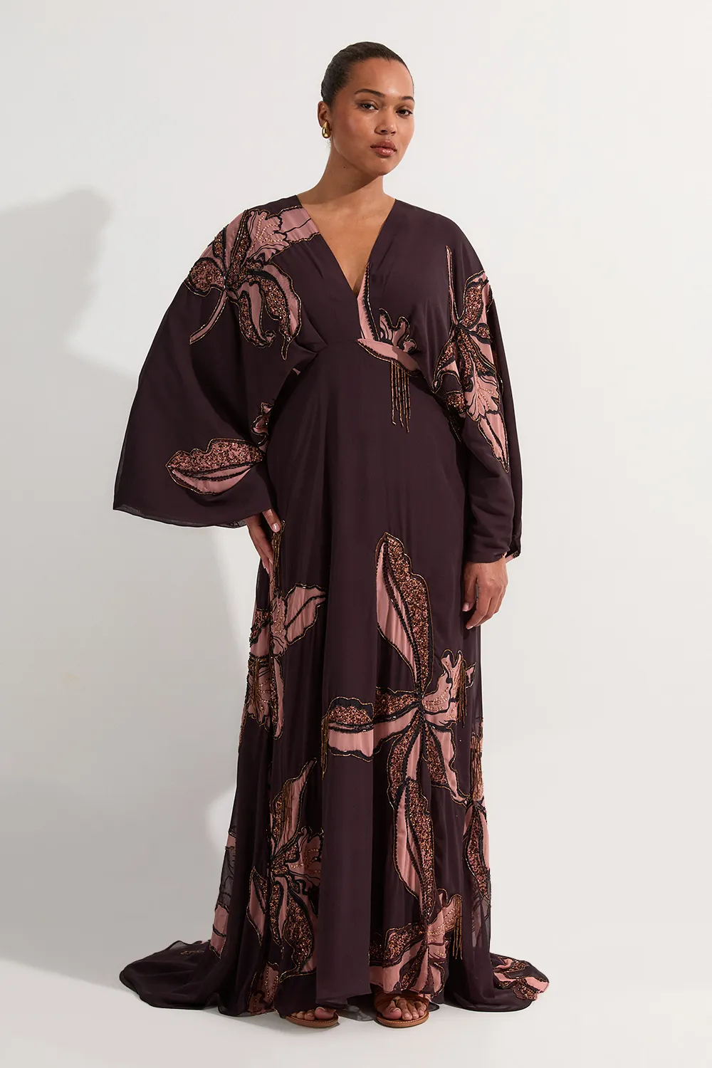 Plus Size Drama Kimono Sleeve Printed And Beaded Woven Maxi Dress BKK23893