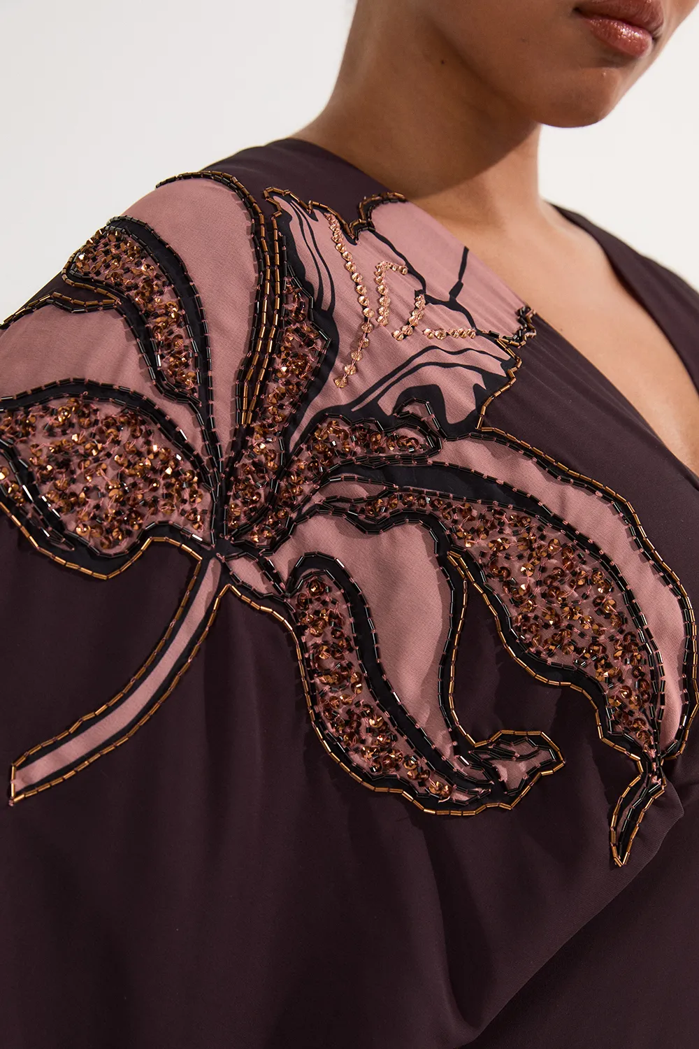 Plus Size Drama Kimono Sleeve Printed And Beaded Woven Maxi Dress BKK23893