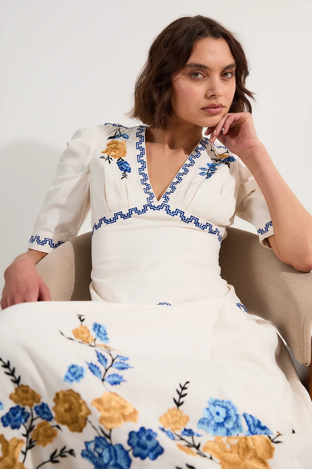 Petite Rose Embroidered Cotton Twill Puff Sleeve Woven Dress BKK23943