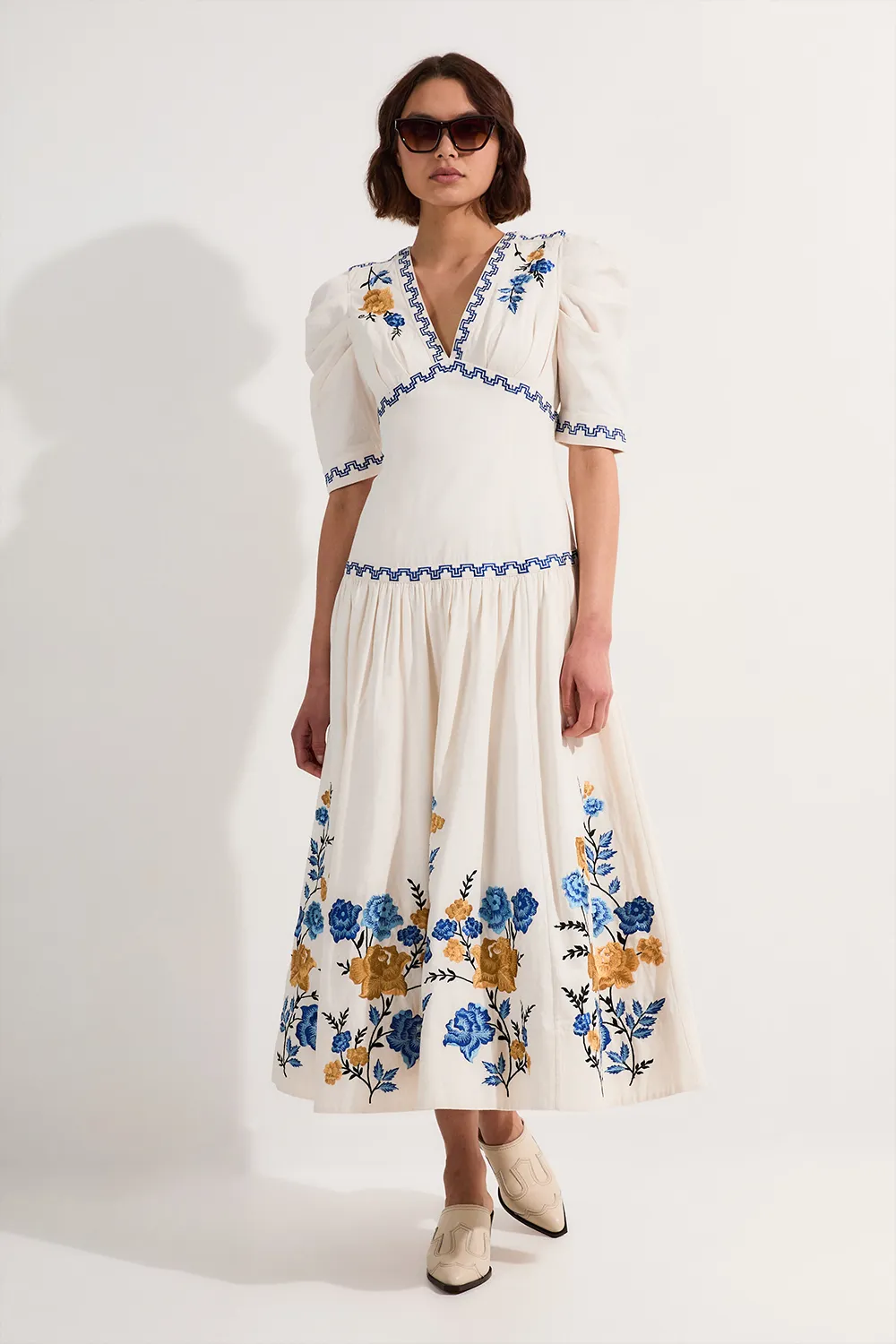 Petite Rose Embroidered Cotton Twill Puff Sleeve Woven Dress BKK23943 3 Petite Rose Embroidered Cotton Twill Puff Sleeve Woven Dress BKK23943