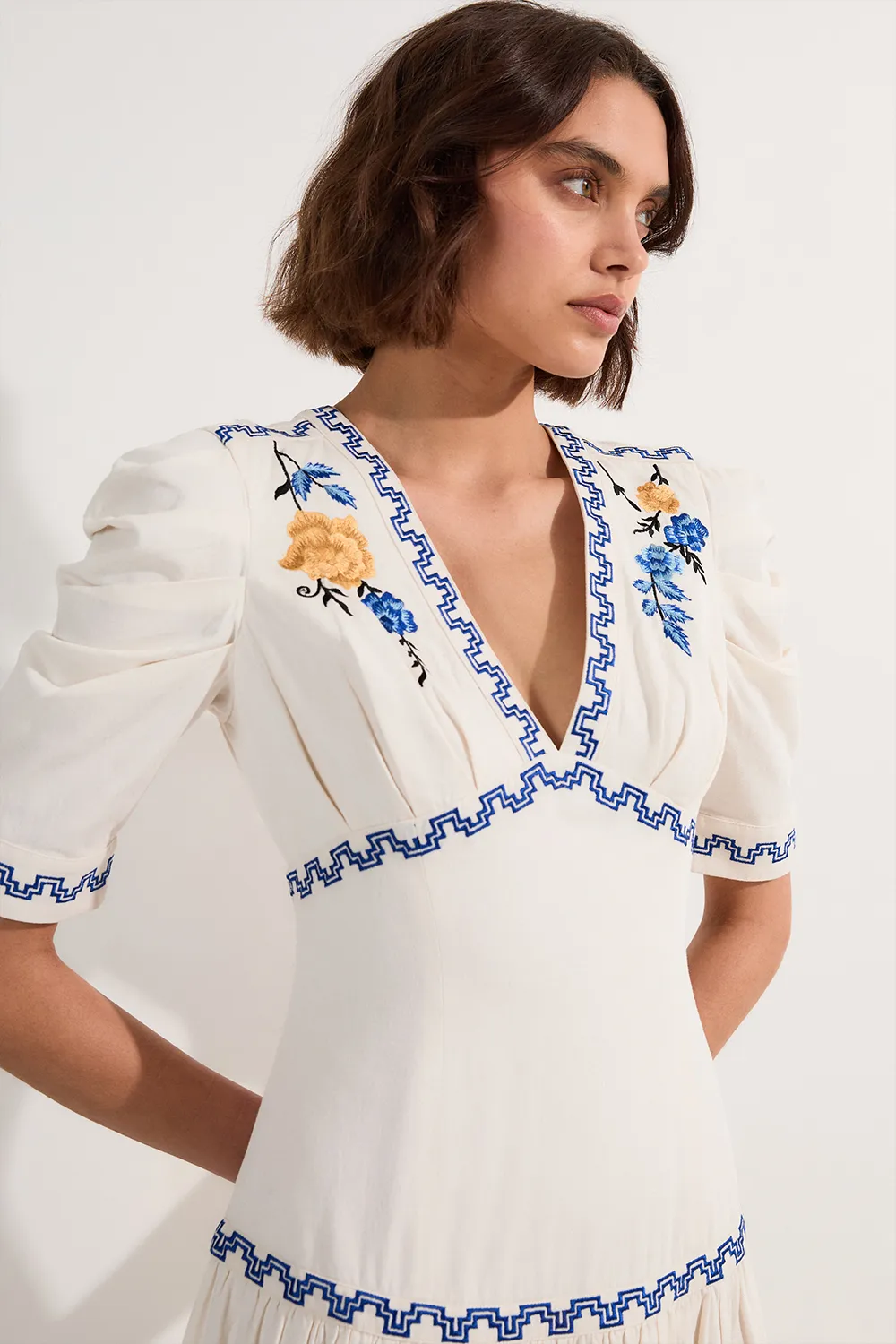 Petite Rose Embroidered Cotton Twill Puff Sleeve Woven Dress BKK23943 5 Petite Rose Embroidered Cotton Twill Puff Sleeve Woven Dress BKK23943