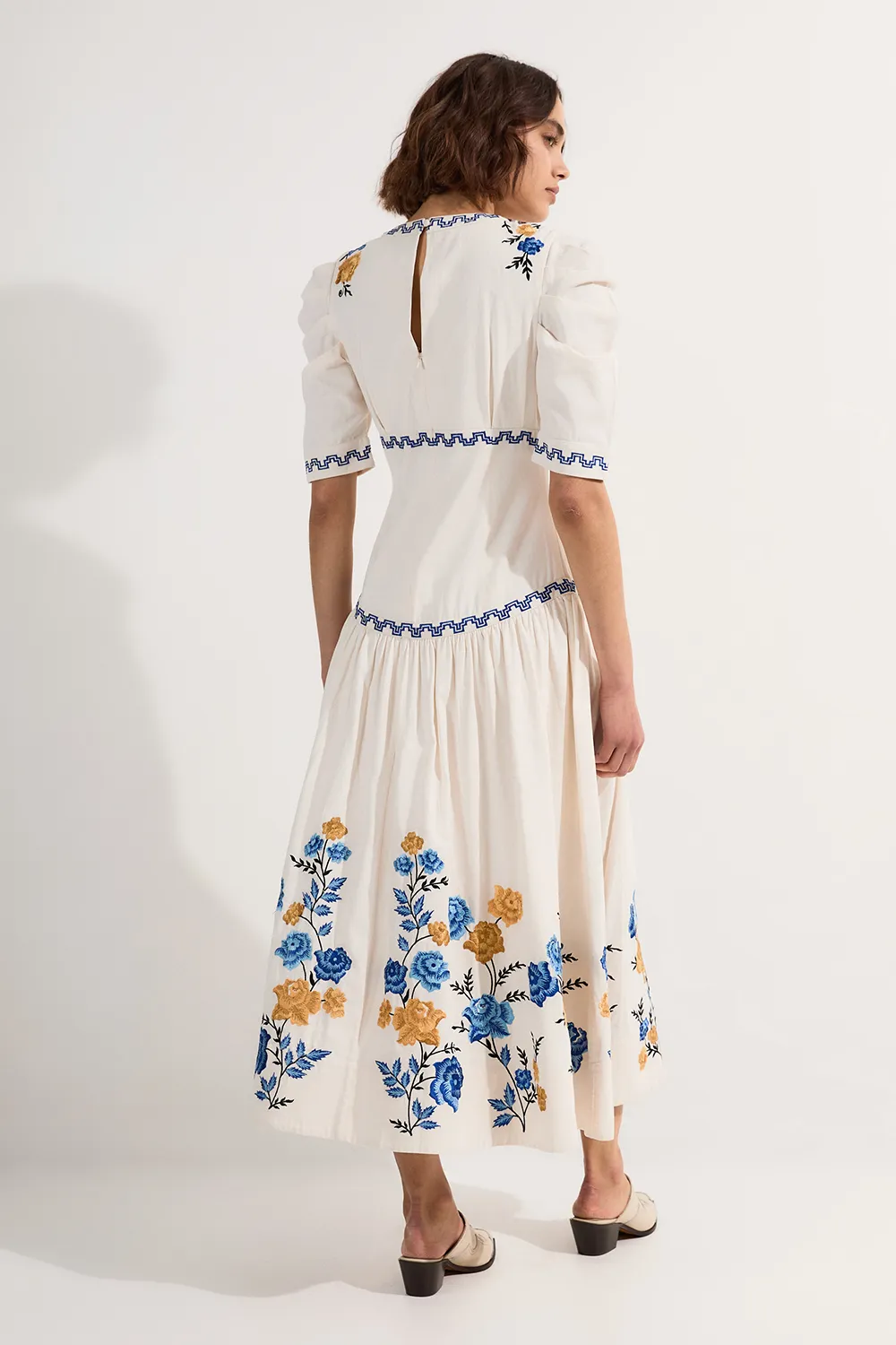 Petite Rose Embroidered Cotton Twill Puff Sleeve Woven Dress BKK23943 6 Petite Rose Embroidered Cotton Twill Puff Sleeve Woven Dress BKK23943