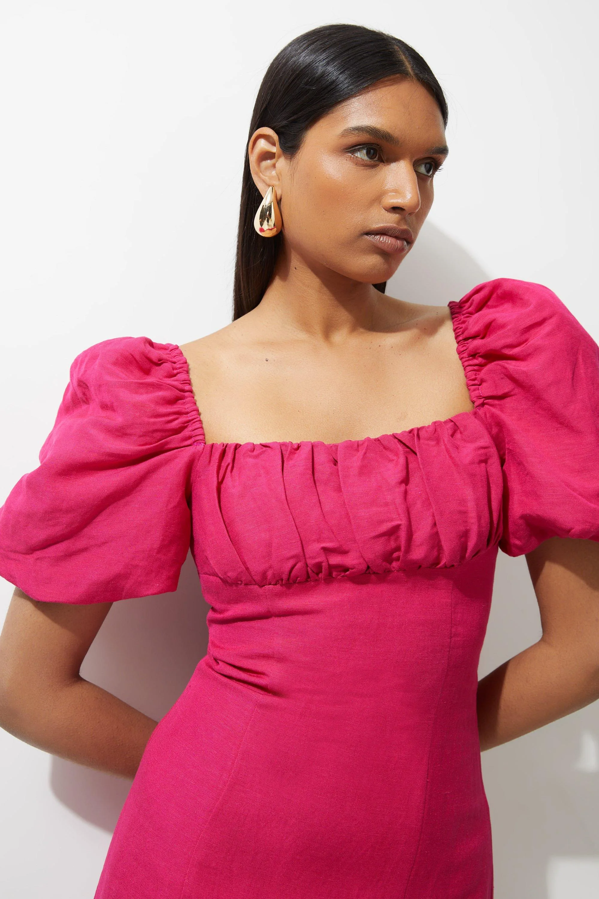 Viscose Linen Woven Puff Sleeve Mini Dress BKK19488