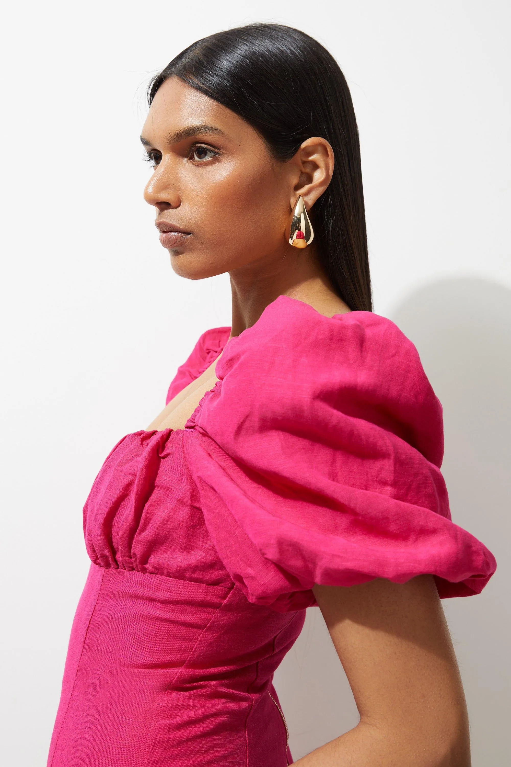 Viscose Linen Woven Puff Sleeve Mini Dress BKK19488