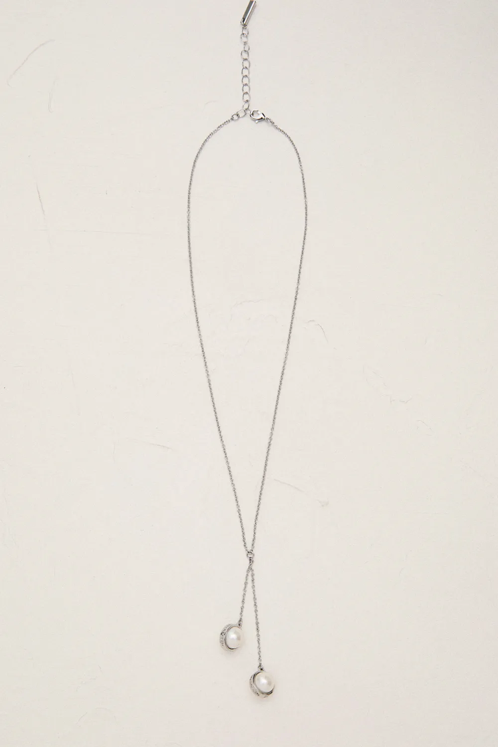 Silver Tone Logo Pearl Double Drop Necklace BKK24035