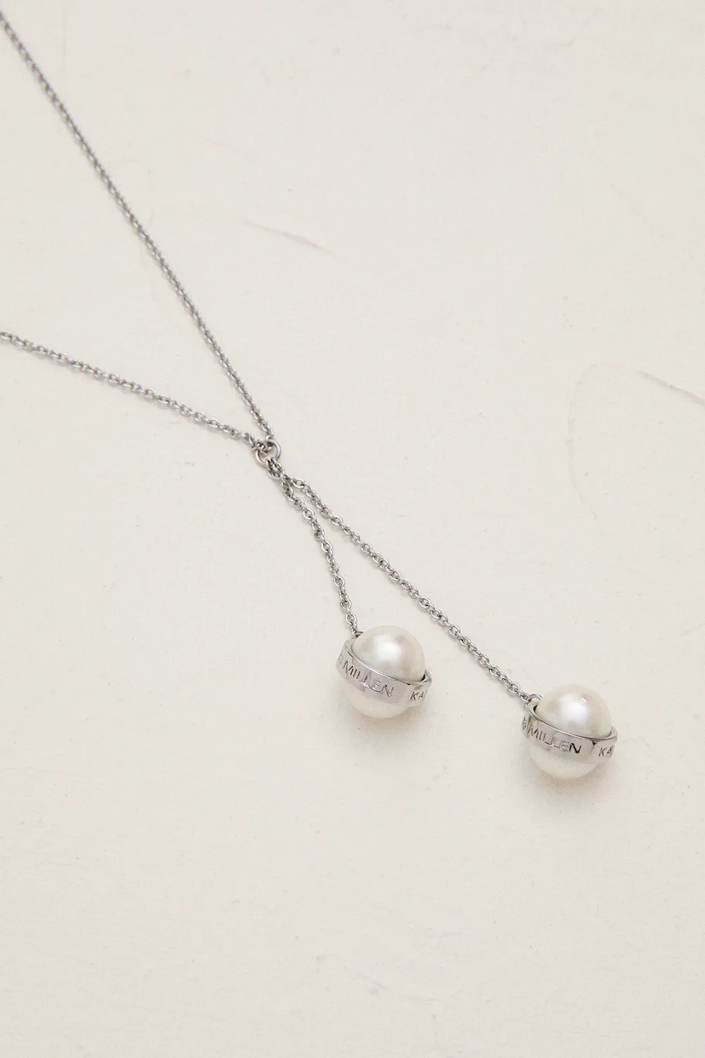 Silver Tone Logo Pearl Double Drop Necklace BKK24035 3 Silver Tone Logo Pearl Double Drop Necklace BKK24035