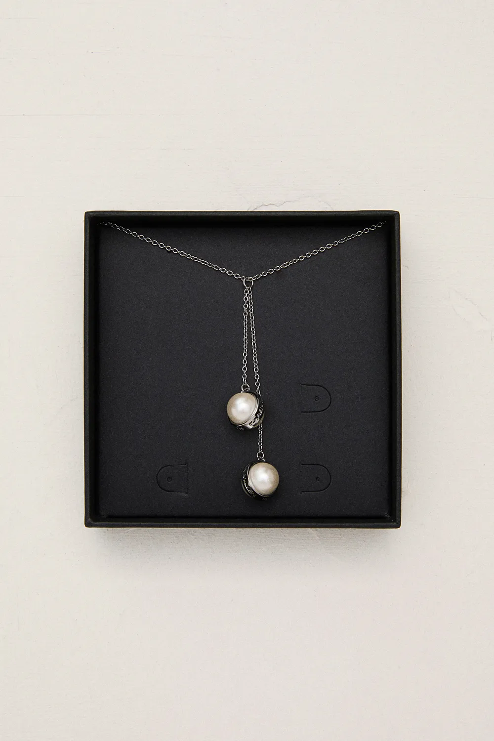 Silver Tone Logo Pearl Double Drop Necklace BKK24035 4 Silver Tone Logo Pearl Double Drop Necklace BKK24035