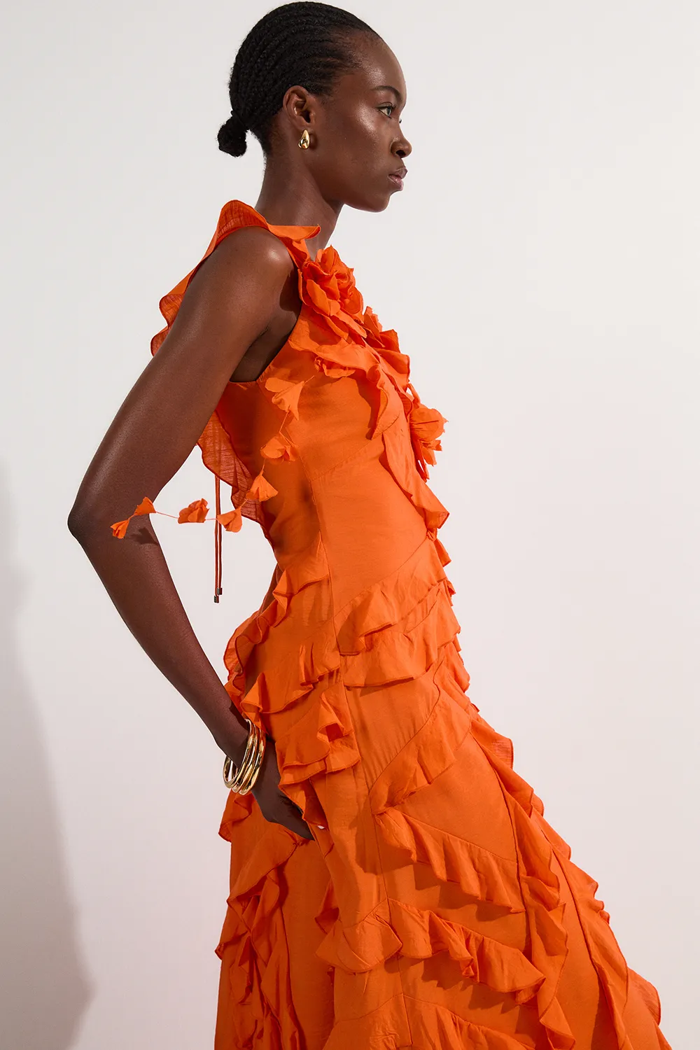 Ruffle & Applique V Front Viscose Woven Maxi Dress BKK19632