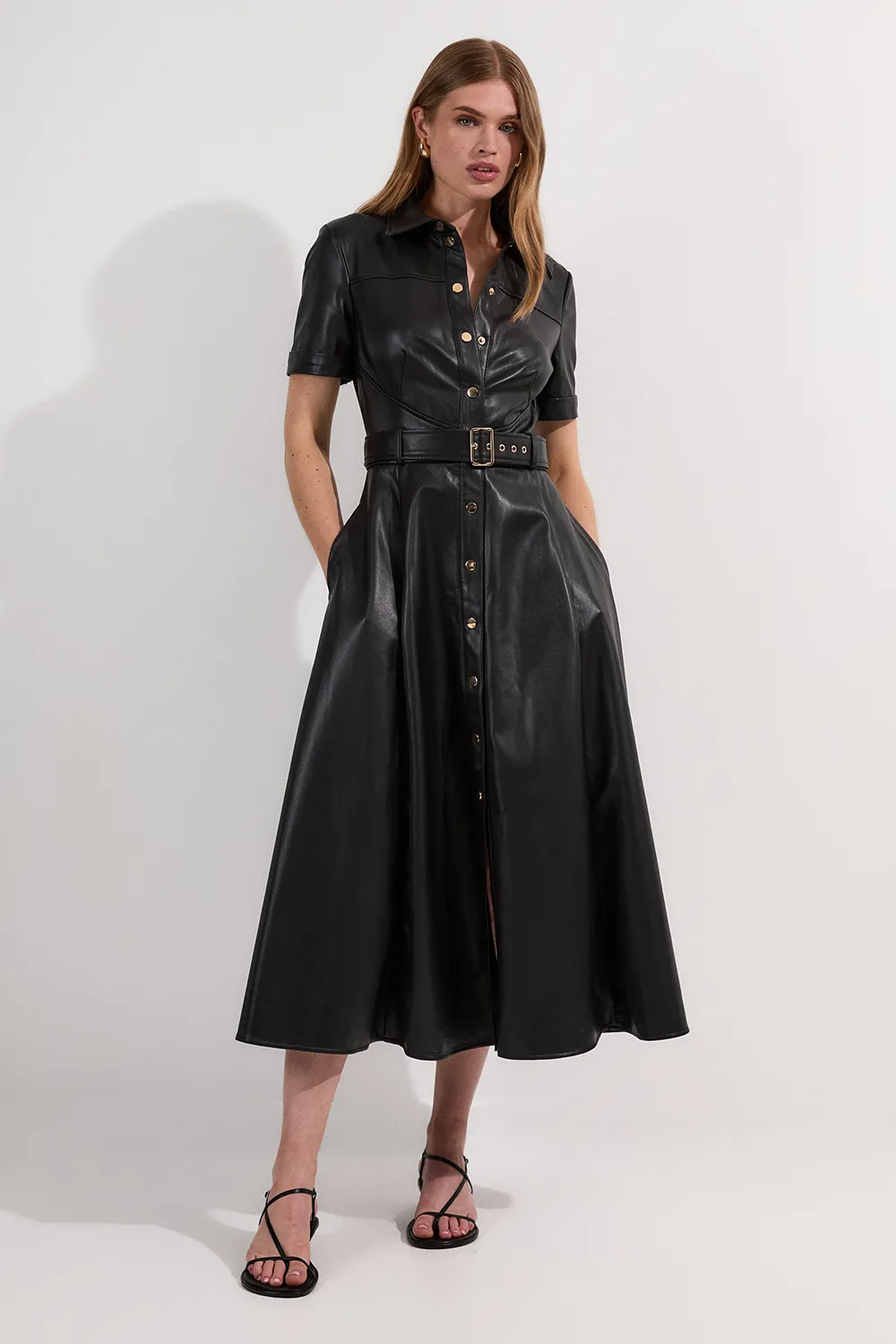 Faux Leather Belted Midi Shirt Dress BKK24167