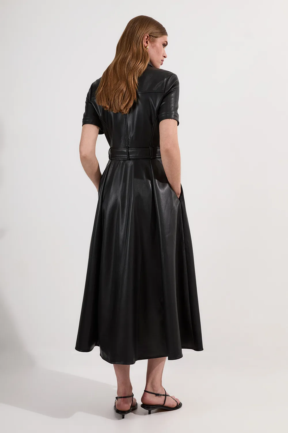 Faux Leather Belted Midi Shirt Dress BKK24167 5 Faux Leather Belted Midi Shirt Dress BKK24167