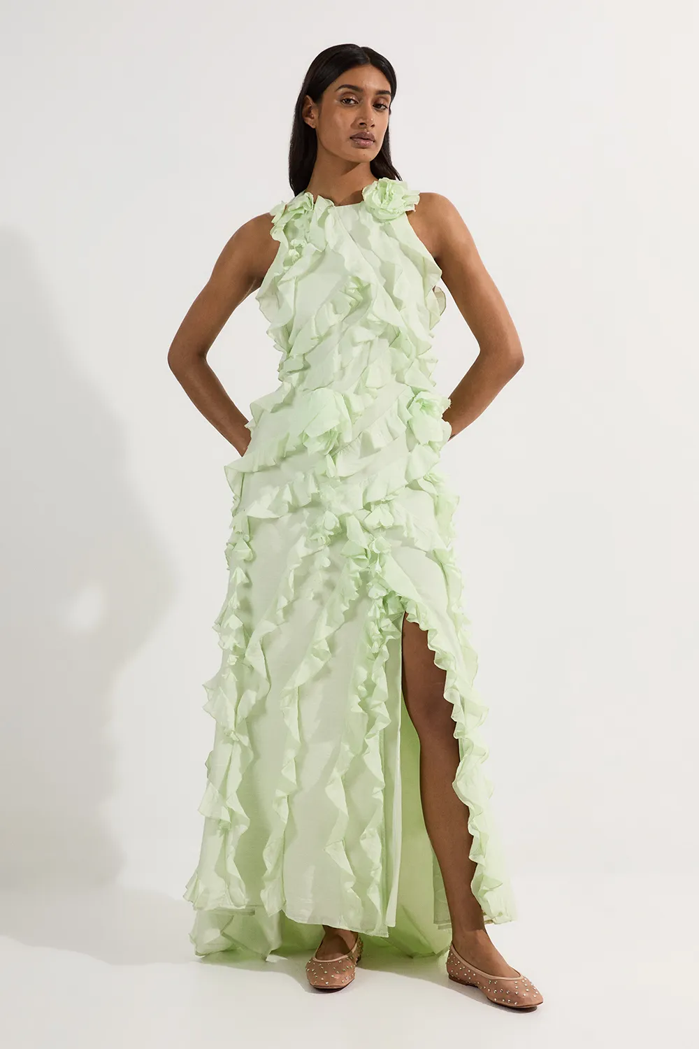 Ruffle & Applique Racer Front Viscose Woven Maxi Dress BKK19633