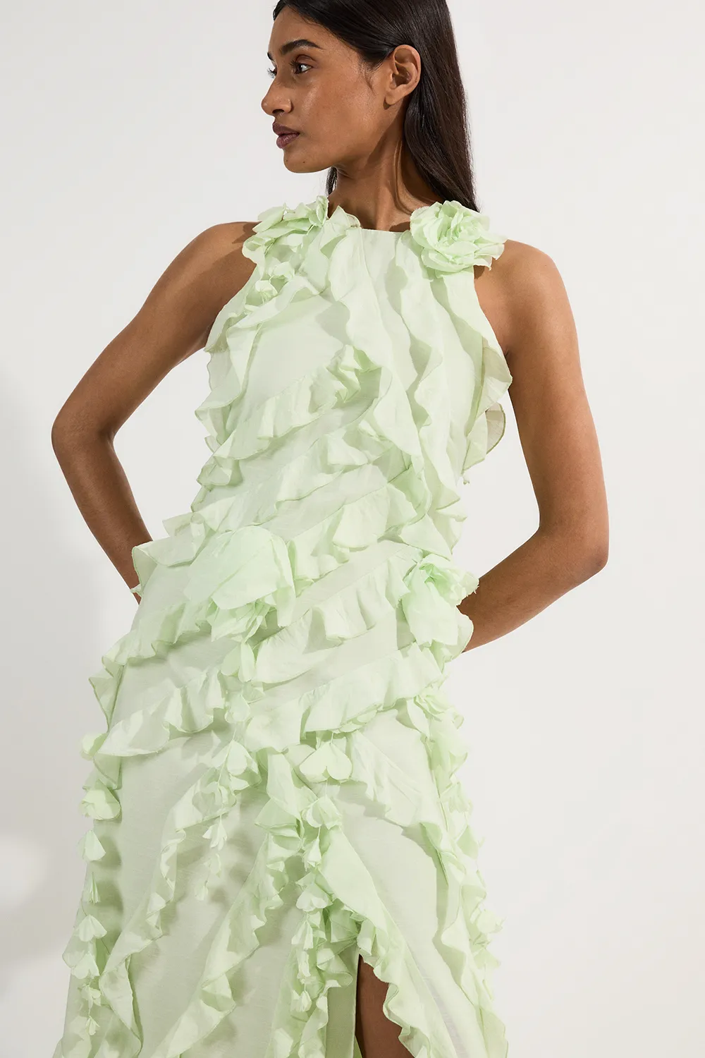 Ruffle & Applique Racer Front Viscose Woven Maxi Dress BKK19633