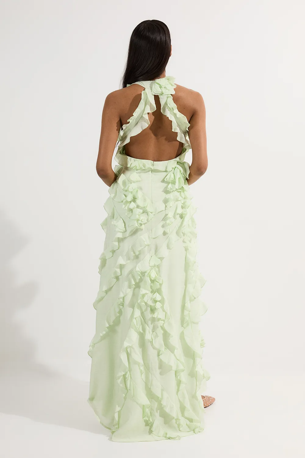 Ruffle & Applique Racer Front Viscose Woven Maxi Dress BKK19633