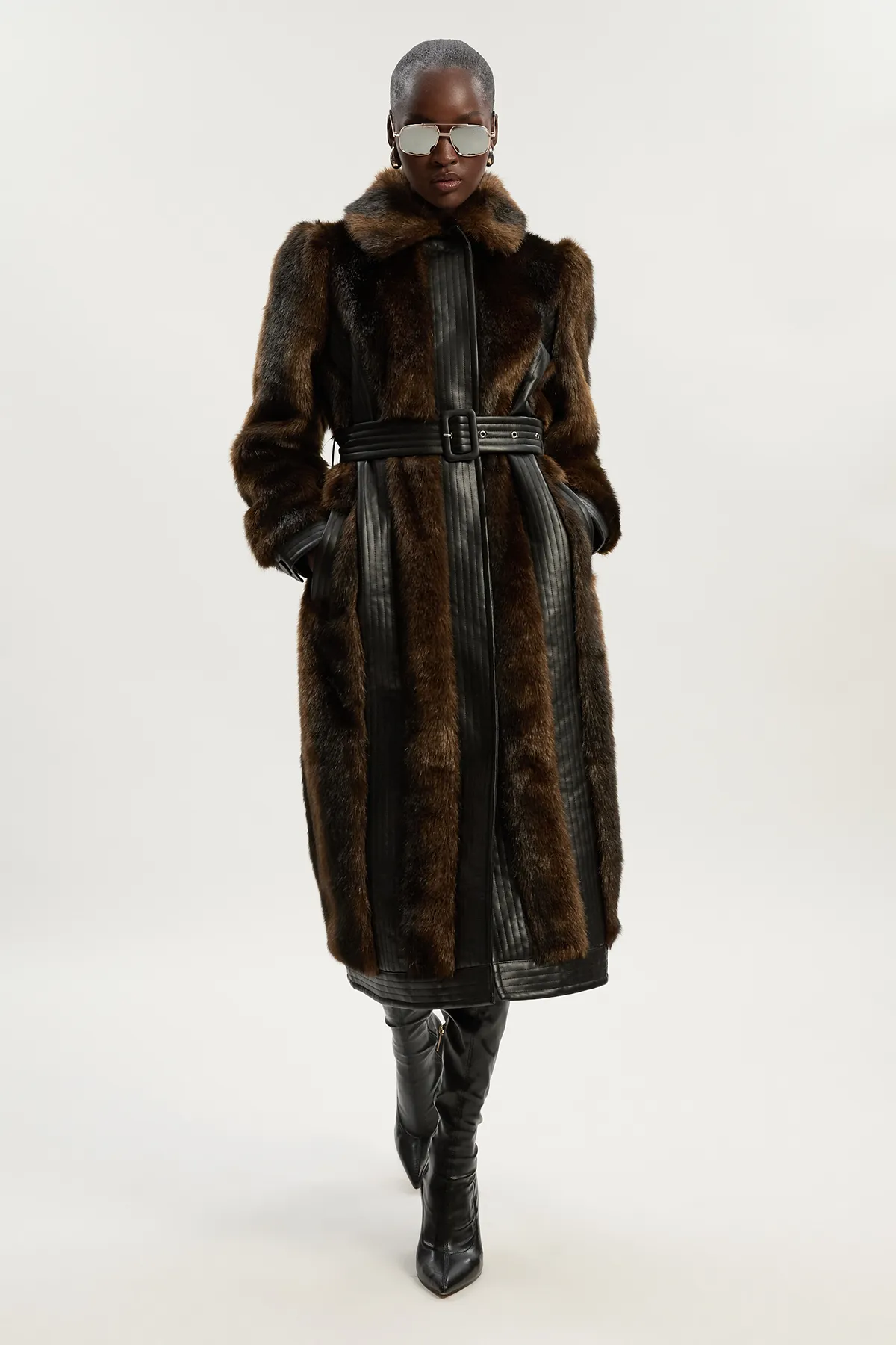 Faux Fur PU Panelled Belted Midi Coat BKK24205