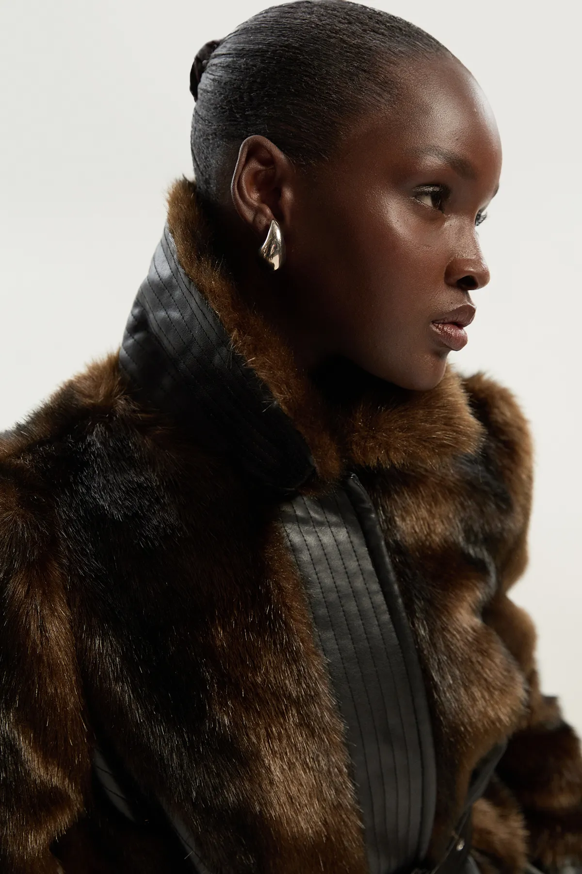 Faux Fur PU Panelled Belted Midi Coat BKK24205