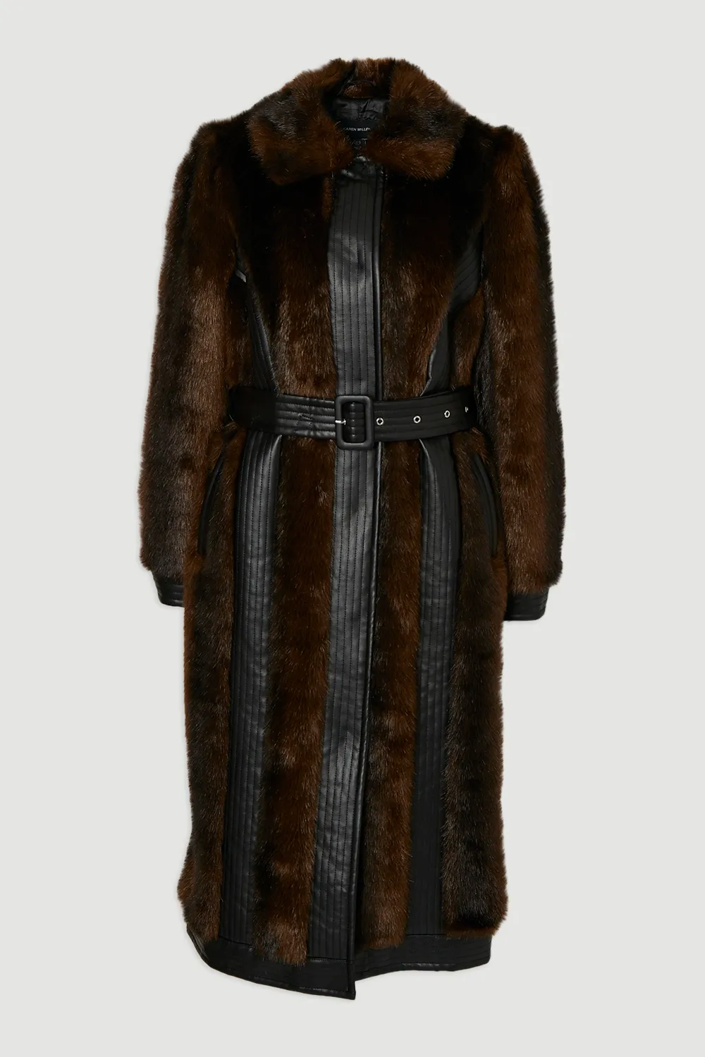 Faux Fur PU Panelled Belted Midi Coat BKK24205 4 Faux Fur PU Panelled Belted Midi Coat BKK24205