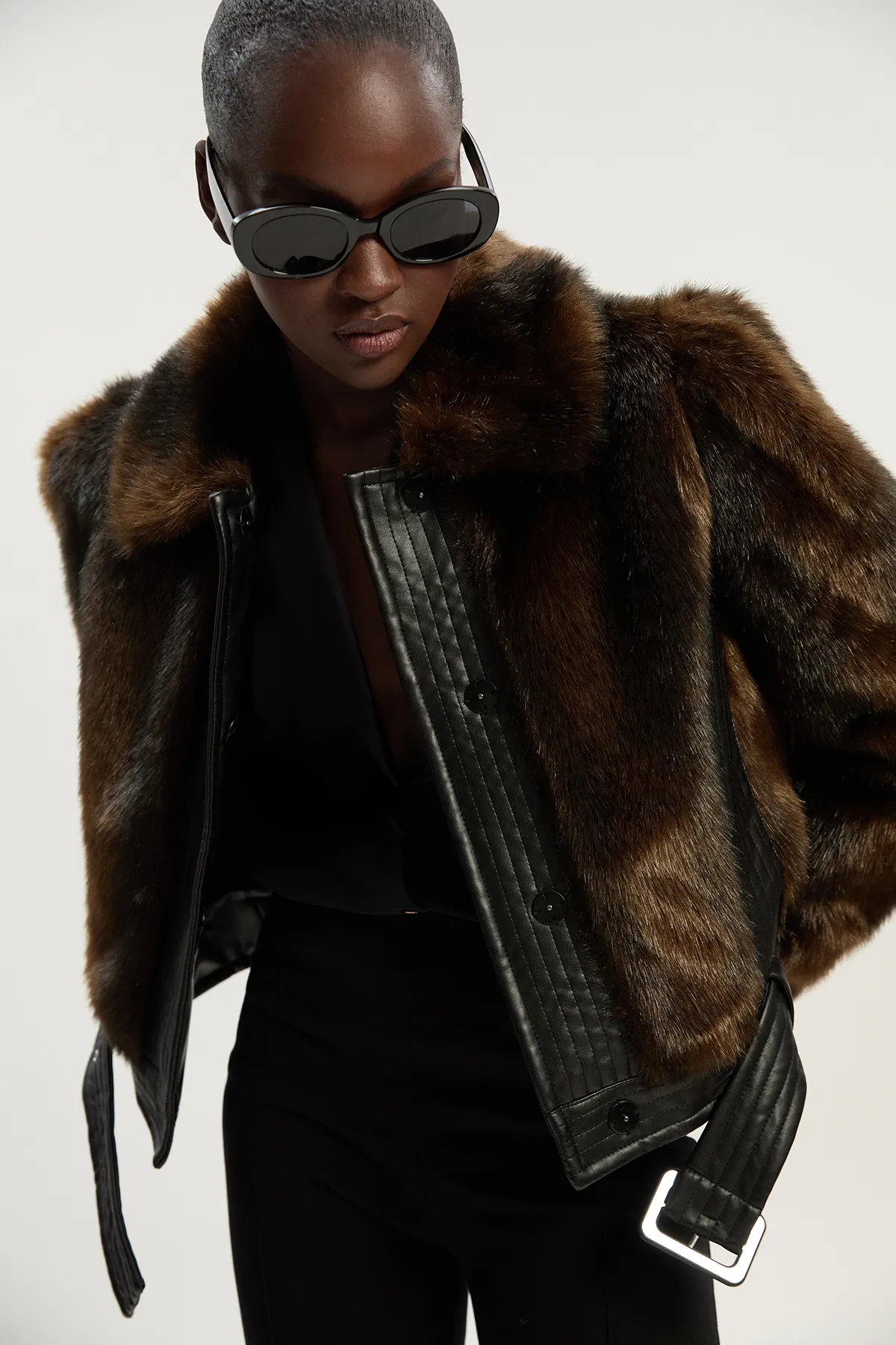 Faux Fur PU Panelled Belted Cropped Jacket BKK24206