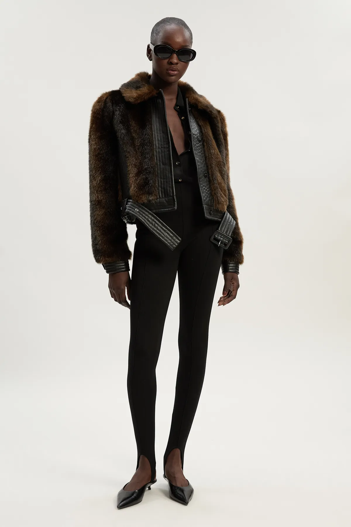 Faux Fur PU Panelled Belted Cropped Jacket BKK24206