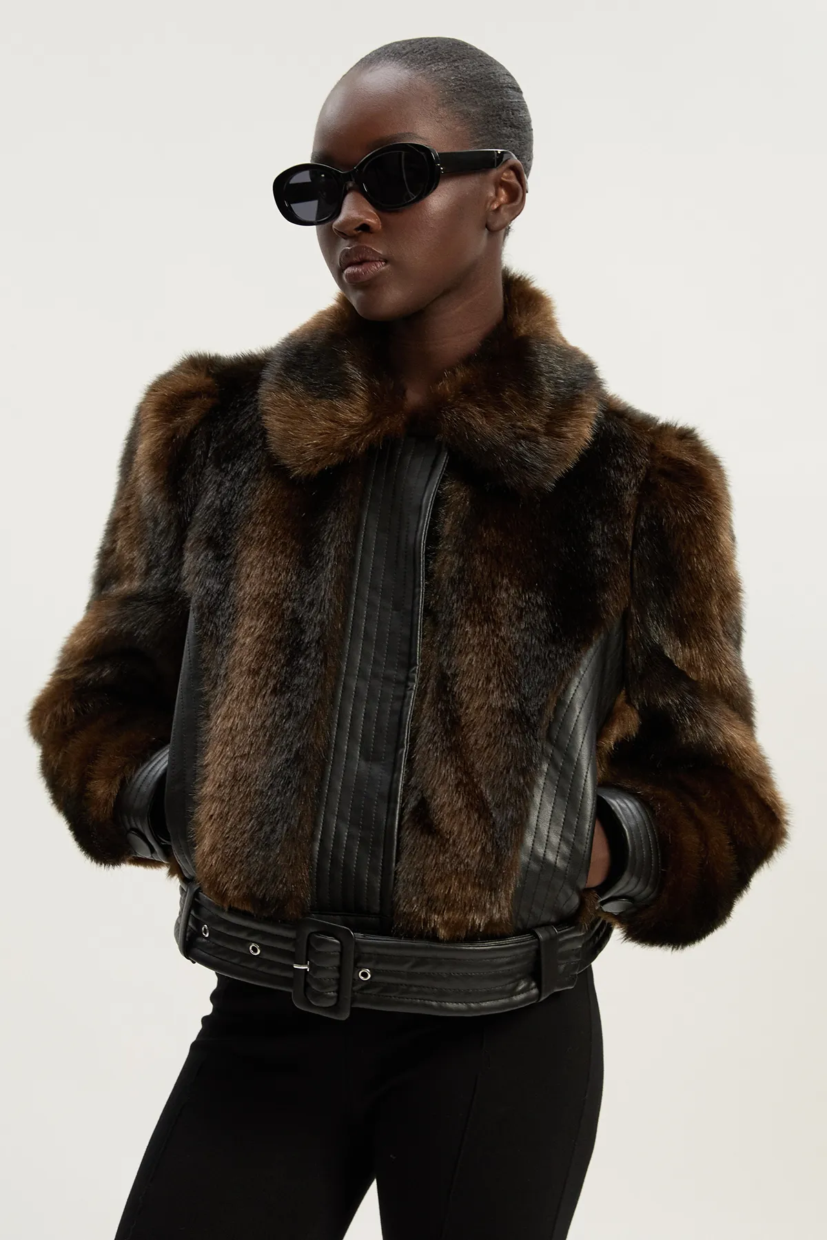 Faux Fur PU Panelled Belted Cropped Jacket BKK24206 3 Faux Fur PU Panelled Belted Cropped Jacket BKK24206