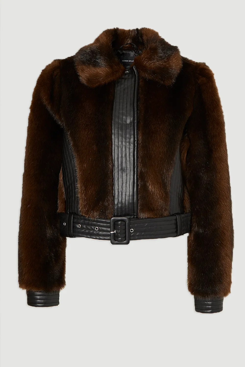 Faux Fur PU Panelled Belted Cropped Jacket BKK24206 4 Faux Fur PU Panelled Belted Cropped Jacket BKK24206