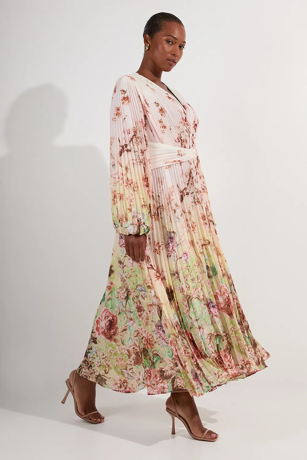 Plus Size Scattered Floral Balloon Sleeve Pleated Crinkle Cut Out Woven Maxi Dress BKK24315