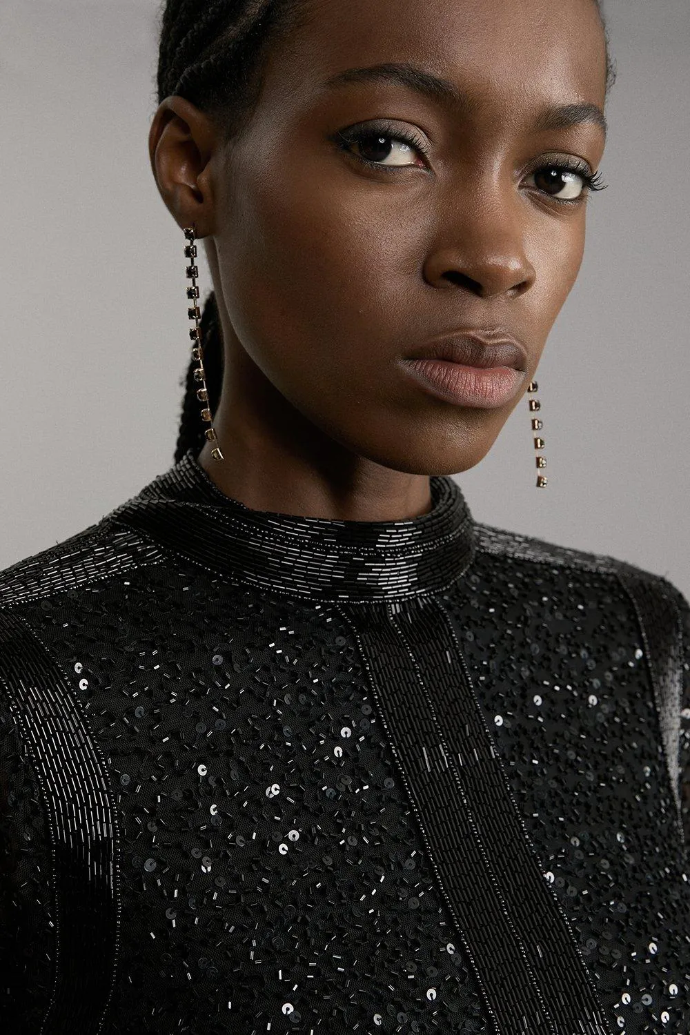 Embellished Beaded High Neck Woven Mini Dress BKK19732