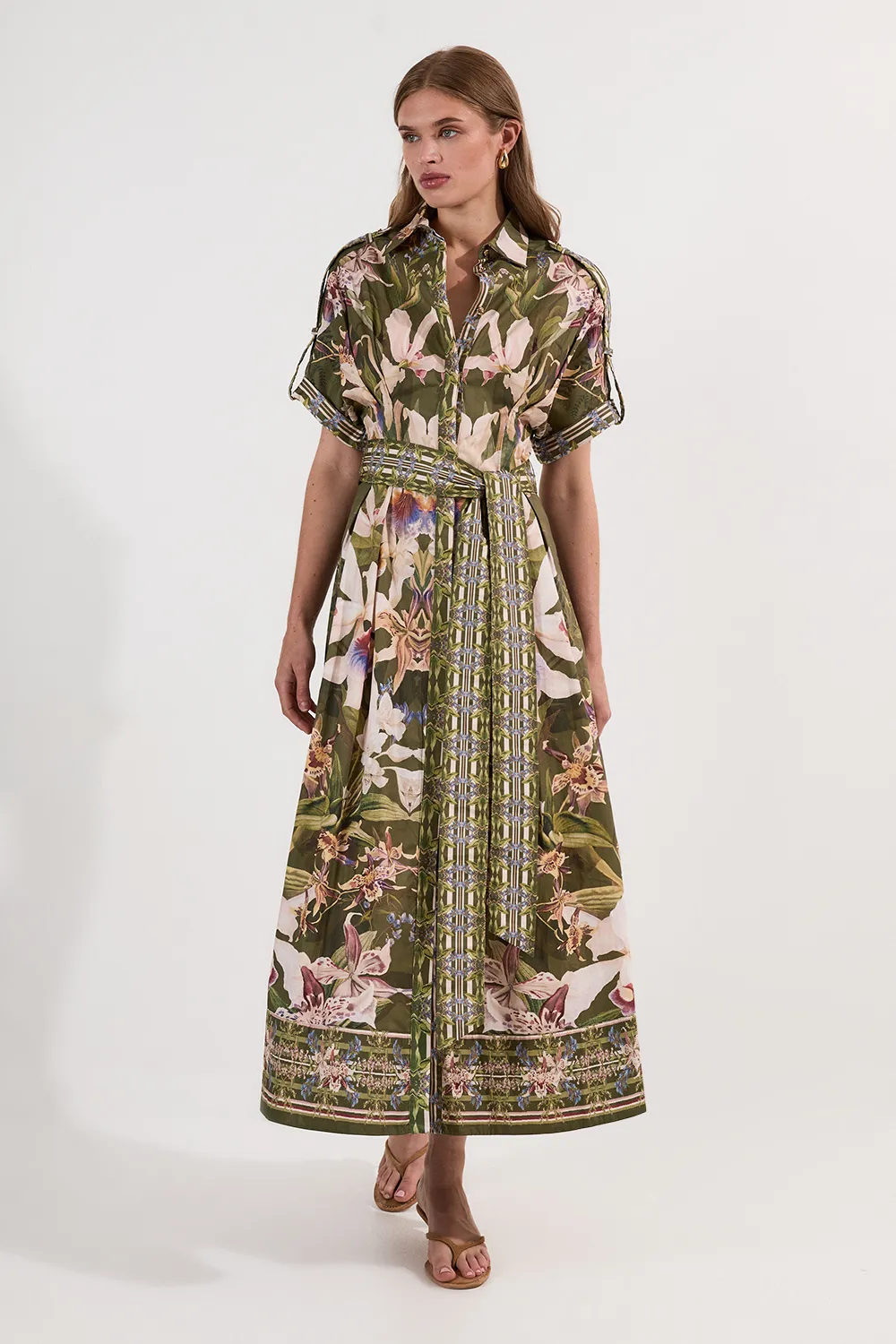 Cotton Sateen Floral Woven Belted Maxi Shirt Dress BKK24336